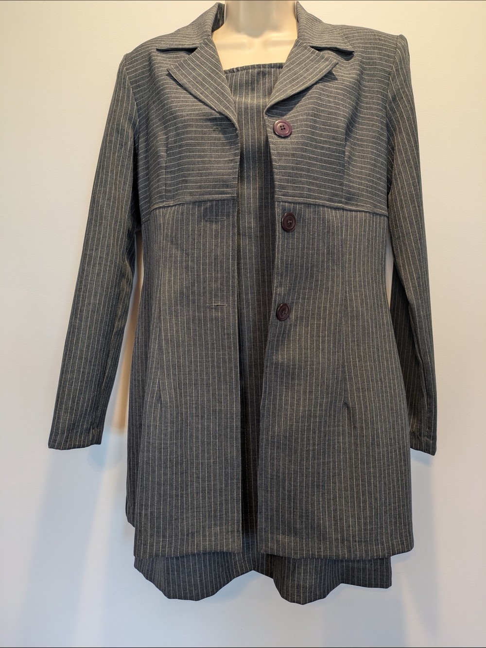 My Michelle Gray Pinstripe Long Blazer And Matching Dress Suit Set